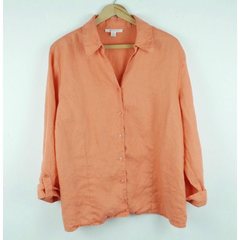 JM Collection Size 16 Top 100% Linen Orange Button Up Roll Tab Sleeve Beachy